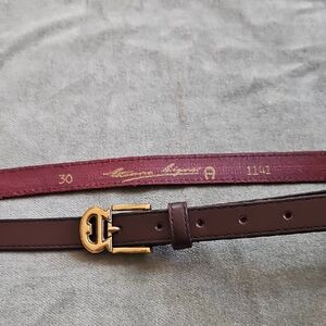 Etienne Aigner Burgundy Leather Belt with Brass Buckle